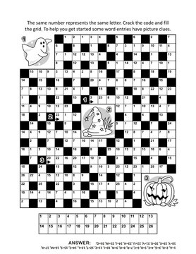 Halloween word game. Codebreaker (or codeword, or code cracker) crossword puzzle or word game with about 9 Halloween themed words and 3 picture clues. Answer included.
