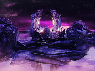 Fantasy shrine on a lake in the mountains with a dragon statue, lit by purple light. 3D render. - 534676777