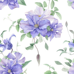 Seamless floral pattern with bouquets of lilac and white clematis flowers, buds, curly branches with green leaves hand drawn in watercolor isolated on a white background. Floral pattern.