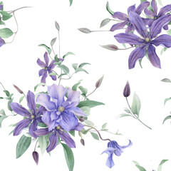 Seamless floral pattern with bouquets of lilac and violet clematis flowers, buds, curly branches with green leaves hand drawn in watercolor isolated on a white background. Floral pattern.