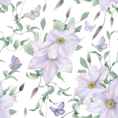 Seamless floral pattern with bouquets of white clematis flowers, buds, curly branches with green leaves and butterflies hand drawn in watercolor isolated on a white background. Floral pattern.