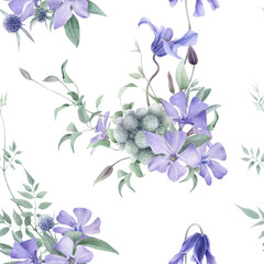 Seamless floral pattern with bouquets of very peri flowers, clematis buds, sea holly flowers, curly branches with green leaves hand drawn in watercolor isolated on a white background. Floral pattern.