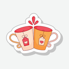 Isolated Cheers Mug With Heart Tea Bag Sticker In Flat Style.