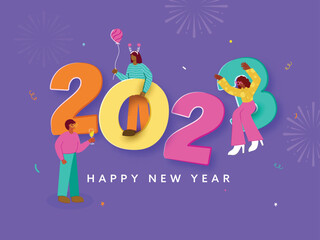 Colorful 2023 Number With Cartoon People Enjoying And Celebrate On Violet Fireworks Background For Happy New Year Concept.