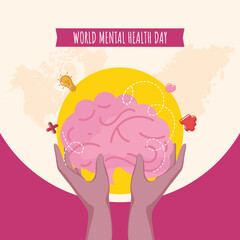 World Mental Health Day Poster Design With Human Hand Holding Brain On Pink And Beige Background.