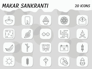 Isolated Black Thin Line Makar Sankranti Icon Set.