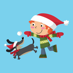 Little boy playing with his dachshund on winter, illustration