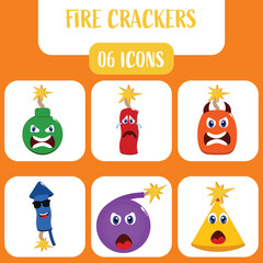 Vector Illustration Of Cartoon Fire Crackers Icons Against Orange And White Square Background.