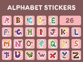 Sticker Style A to Z Meaning Words Cartoon Alphabet Icons Over Brown Square Background.