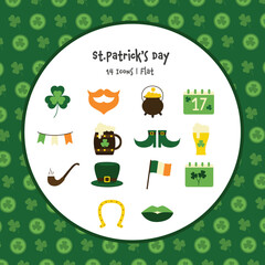 Isolated St. Patrick's Day 14 Icons Set Against White Circle And Clove Leaf Background