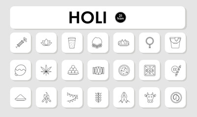 Black Thin Line Holi Icon Set On Grey Background.