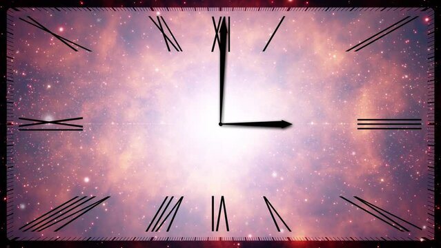 Artistic endless travel cosmos with looped analog time clock animation.