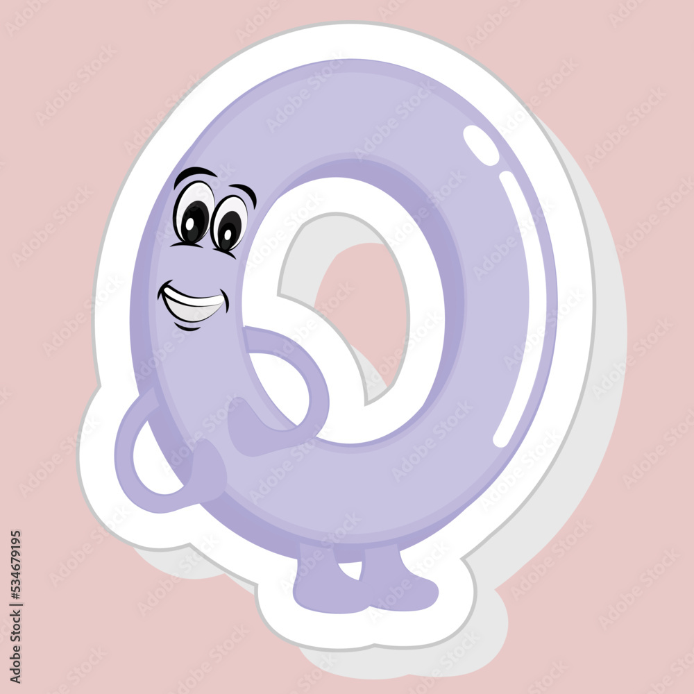 Poster sticker style purple happy cartoon number 0 on pink background.