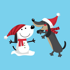 Happy dachshund with a snow dog illustration