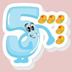 Sticker Style Blue 5 Cartoon Number With Coloring Palette On Pink Background.