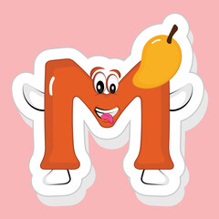 Sticker Style Funny N Alphabet Cartoon Character With Mango On Pink Background.