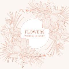 Wedding invitation. Frame with exotic and summer line flowers. Botanical illustration. Vintage beige card template.