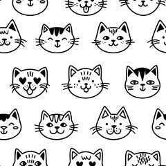 Trendy cartoon seamless pattern with cute doodle cat faces on transparent background. Funny vector illustration for kids. Childish style. Black and white color