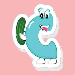 Sticker Style Blue C Alphabet Cartoon Character Holding Cucumber On Pink Background.