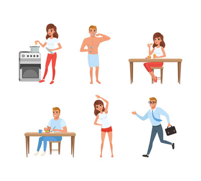 Daily routine of man and woman set. People having breakfast, cooking, brushing teeth cartoon vector illustration