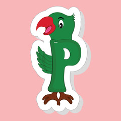 Sticker Style P Alphabet Animal Cartoon Parrot On Pink Background.