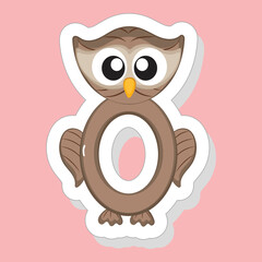 Sticker Style O Alphabet Animal Cartoon Owl On Pink Background.
