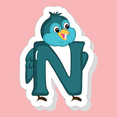 Sticker Style N Alphabet Animal Cartoon Nightingale On Pink Background.