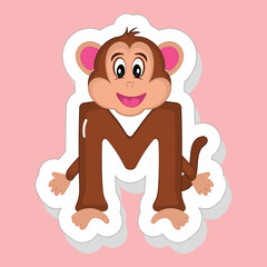 Fototapeta premium Sticker Style M Alphabet Animal Cartoon Monkey On Pink Background.