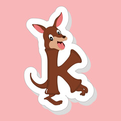 Sticker Style K Alphabet Animal Cartoon Kangaroo On Pink Background.