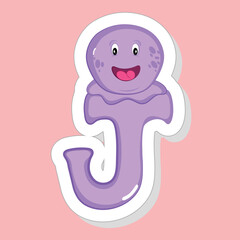 Sticker Style Purple J Alphabet Animal Cartoon Jellyfish On Pink Background.