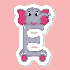 Sticker Style E Alphabet Animal Cartoon Elephant On Pink Background.