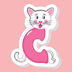 Sticker Style C Alphabet Animal Cartoon Cat On Pink Background.