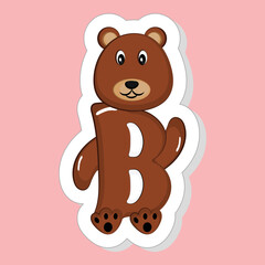 Sticker Style B Alphabet Animal Cartoon Bear On Pink Background.