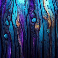 Driftwood wood, melting multicolor metallic crayon colors, splatter and long drips inner illumination, dark-blue light-blue black dark-purple and violet water, cinematic lighting, photo r - obrazy, fototapety, plakaty