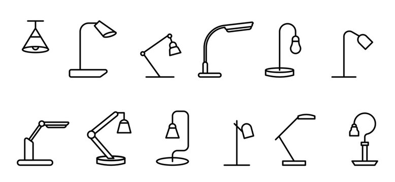 Various lamps, bulbs and light items isolated flat vector icon set, editable stroke, Let's make your Design Easier