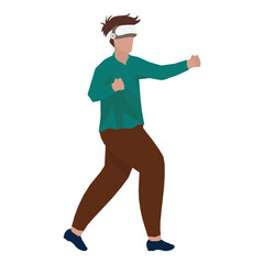 Young Man Wearing VR Headset With Clenched Fists Up Ready To Boxing On White Background.