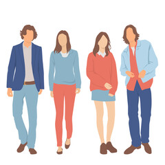 Obraz premium Set of young men and women, different colors, cartoon character, group of silhouettes of standing business people, students, the design concept of flat icon, isolated on white background