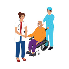 Female Doctor Examining To Senior Patient At Wheelchair With Ward Boy On White Background.