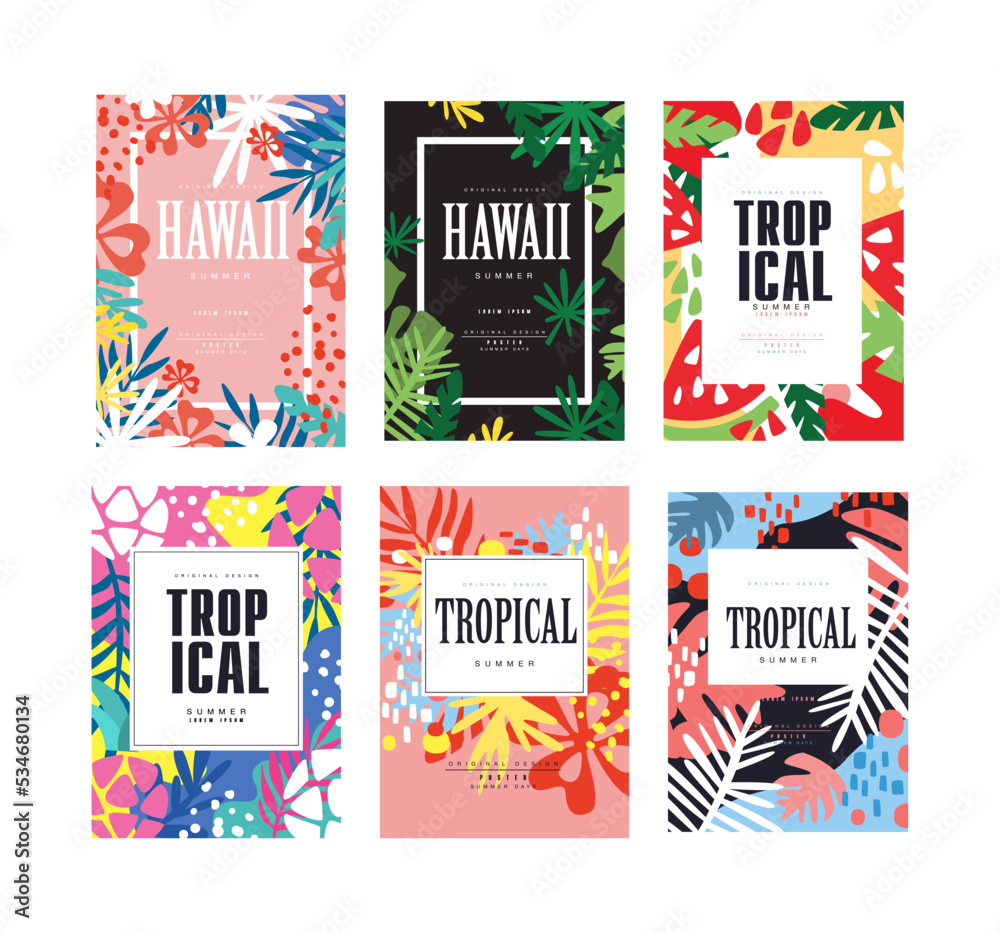 Wall mural Hawaii summer tropical card templates set. Banner, poster, background with exotic plants cartoon vector illustration