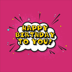 3D Yellow Happy Birthday To You! Font Over Comic Frame With Stars On Pink Halftone Background.