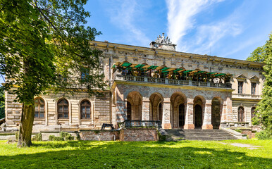 Fototapeta premium Ruined renaissance and baroque historic castle complex with palace and garden in old town quarter of Pilica in Silesia region in Poland