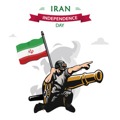 Iran Independence Day vector. Flat Design Patriotic soldier carrying Iran Flag.