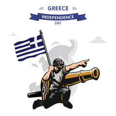 Greece Independence Day vector. Flat Design Patriotic soldier carrying Greece Flag.
