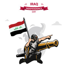 Iraq Independence Day vector. Flat Design Patriotic soldier carrying Iraq Flag.