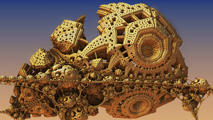 Naklejka premium Abstract background 3D, fantastic ancient civilization architecture, gold color structures and constructions, 3D render illustration.
