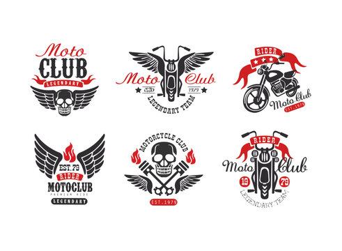 Motoclub, legendary team retro badges set. Biker club, motorcycle repair shop, t-shirt print vintage labels vector illustration