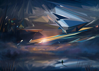 Man, astronaut standing on reflection surface with fog and graphic sky. Sci fi landscape digital illustration background