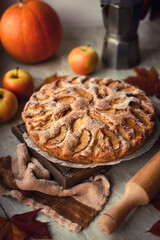 Homemade apple pie on a white background, top view, copy space