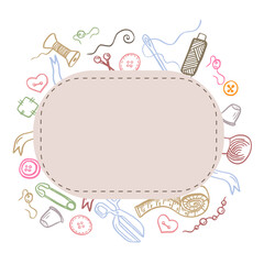 Hand drawn set with sewing and knitting tools and accessories threads and scissors, needles, metering, button. Vector for tailoring atelier, fashion design. Doodle sketch style.