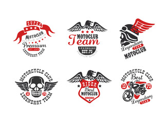 Naklejka premium Motorcycle club retro badges set. Biker club, motorcycle repair shop, t-shirt print vintage labels vector illustration